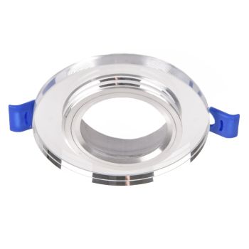 Hõbedane ümmargune süvistatava valgusti raam, sileda pinnaga, keskelt avatud, külgedel sinised klambrid paigaldamiseks.