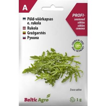 Pakendatud rukola seemned kaaluga 1 gramm, Baltic Agro brändilt. Pakendil on toote pilt ja tekst mitmes keeles, sealhulgas garantii, et seemned on 100% geneetiliselt muundamata.