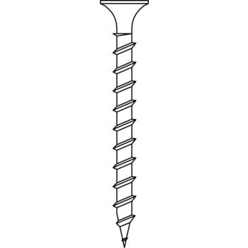 Joonistatud mustvalge kipsikruvi, millel on kooniline tasane pea, silindriline kere ja ühtlane keermestus kogu kruvi ulatuses ning terav ots.