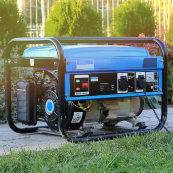 Sinine kaasaskantav generaator rohelises murus, varustatud mitme väljundiga ja kütusemõõtjaga.