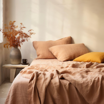 Hubane magamistuba, millel on põhimaterjalina naturaalsed toonid. Näeme voodit pehme terrakota voodipesuga, kaks pruuni patja ja üks kollane padi. Taustal on puitlaud koos vaasiga kuivanud oksadega ja kohvitass.