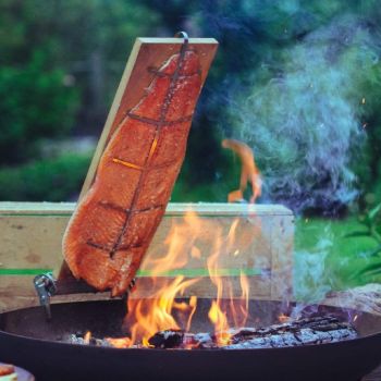 Suur lõhe grillitakse püstiselt üle avatud lõkke, suits ja leegid ümbritsevad kala.