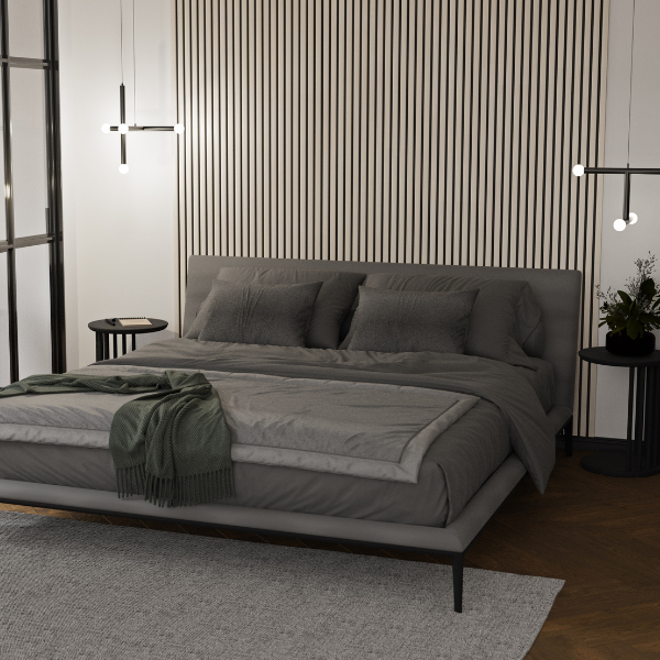 Tänapäraselt kujundatud magamistuba, millel on hall voodi, kaasaegsed seinapaneelid ja stiilsed valgustid. Voodi on madala raamiga ja kaetud halli voodipesuga.