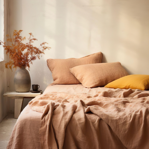 Hubane magamistuba, millel on põhimaterjalina naturaalsed toonid. Näeme voodit pehme terrakota voodipesuga, kaks pruuni patja ja üks kollane padi. Taustal on puitlaud koos vaasiga kuivanud oksadega ja kohvitass.