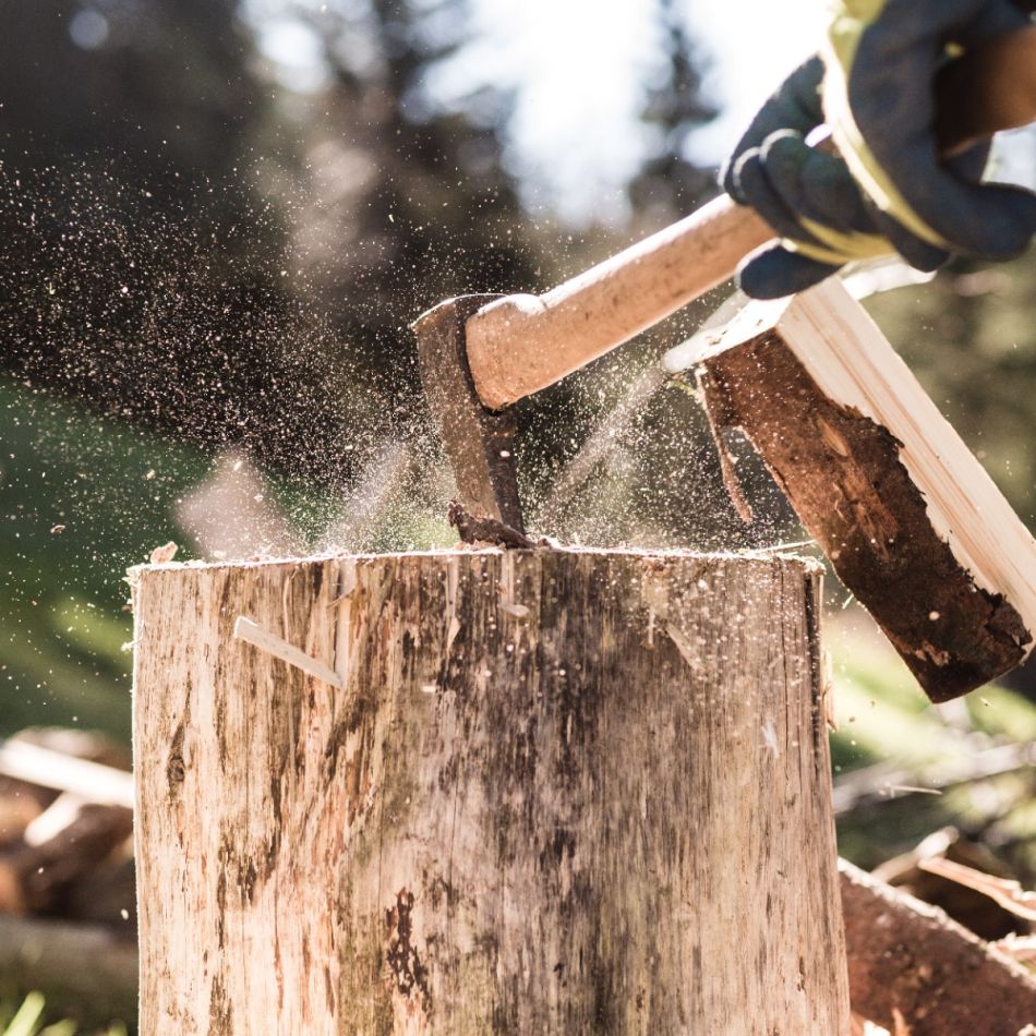 Inimene lõhub kirvest kasutades puid. Näha on puidutükke ja lenduvaid saepuru osakesi, toimub päevasel ajal õues.