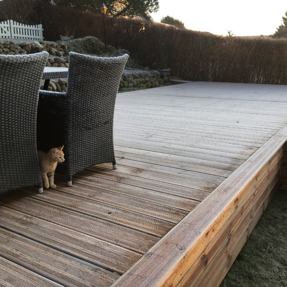 Foto puust terrassist, millel on kaks halli värvilist, suure seljatoega rotangist tugitooli ja terasest külglaud. Terrass on karge hommikuse kastega kaetud.