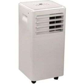 Valge ruudukujuline mobiilne konditsioneer: esiküljel horisontaalsed ventilatsiooniavad, ülaosas juhtpaneel ja külgedel kandmisaasad, all neli ratast liikumiseks.