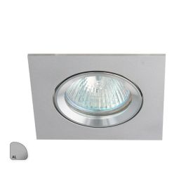 Ruutukujuline metallist süvisvalgusti, mille keskel on ümmargune klaasiga kaetud lambipesa, raami pind on hõbedane ja sile.