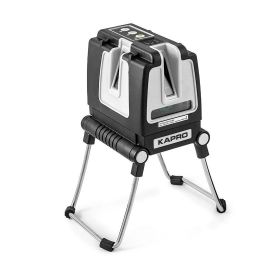 Must ja hõbedane ruudukujuline laserlood, millel on kolm metallist kokkupandavat jalga. Seadmel on avad rohelise kiire jaoks ja selgelt nähtav juhtpaneel ülaosas.