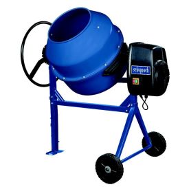 Sinine segumasin kahe rattaga, kaldus raamiga ja pöörleva trumliga, elektrimootoriga korpus küljel.