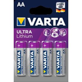 Pakendis on neli AA-tüüpi Varta Ultra Lithium patareid. Igal akul on hõbedane korpus siniste ja kollaste detailidega ning märgistused "Varta Ultra Lithium" ja "AA". Patareid on läbipaistva plastikkattega blisterpakendis.