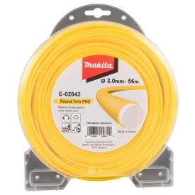 Makita kollane trimmerijõhv, mille läbimõõt on 3,0 mm ja pikkus 56 m, on mähitud rullile ning pakendatud läbipaistvasse plastikkorpusesse Makita logoga pappalusel.