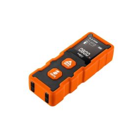 Oranži ja musta värvi käeshoitav laserkaugusmõõtja ekraaniga, millel on kaks suurt nuppu ja kompaktne ristkülikukujuline korpus. Ekraani kohal kuvatakse mõõtetulemused.