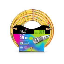 25-meetrine oranž NTS voolik on pakendatud kollase ja musta värvi rullile; tooteinfo kaardil on andmed vooliku kohta.