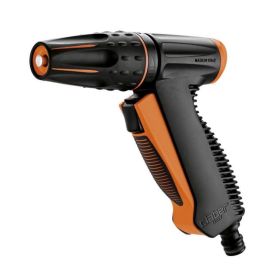 Oranž ja must püstolpihusti aiavoolikule, millel on reguleeritav otsik ja ergonoomiline käepide.