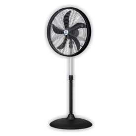 Põrandaventilaator, millel on must alus ja reguleeritav metallvars, ümmargune turvavõre ja viis musta laba.