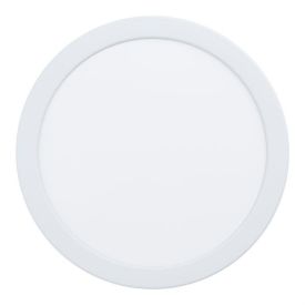 Ümmargune süvistatav valgusti, valge raamiga ja sileda pinnaga, läbimõõt umbes 21,6 cm.