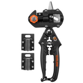 Mustad-oranžid pookimiskäärid, mis sisaldavad kahte lisatera. Käärid on mõeldud tõhusaks pookimiseks ja on varustatud turvalukuga.