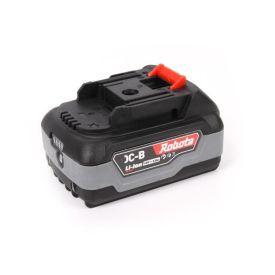 Must ja hall ruudukujuline Robota BC-B aku, peal punane kinnitusdetail, külje peal silt, mahutavus 4Ah ja pinge 18V.