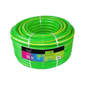 Roheline ja kollane triibuline aedvoolik, mis on rulli keeratud ja pakitud. Läbimõõt on 3/4 tolli ja pikkus 50 meetrit.