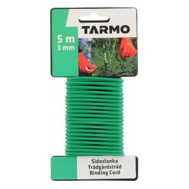 Roheline, 5 meetri pikkune ja 3 mm läbimõõduga pehme kattega taimesidumistraat, pakendatud plastkinnituse ja paberkaardiga.