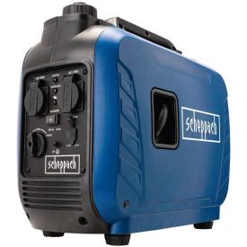 Sinine ja must kompaktne invertergeneraator, mille esiküljel on juhtpaneel kahe pistikupesa, lüliti ja logoga. Kandekäepide on peal, väljalaskeava küljel.