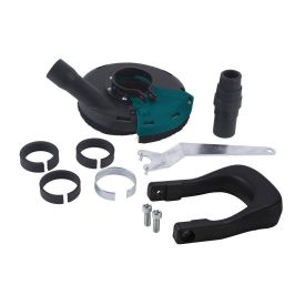 Pildil on tolmukaitsekomplekt nurklihvijale, mis sisaldab ümarat musta ja rohekashalli tolmukaitset, erinevaid kinnitusrõngaid, võtmeid, kruvisid, voolikuadapterit ja musta kinnitusosa. Komplekt sobib 125 mm nurklihvijale.