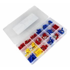 Läbipaistva kaanega plastkarp, milles on eraldi sektsioonides 175 erinevat värvi ja tüüpi elektriklemmi, sh punased, sinised ja kollased detailid.