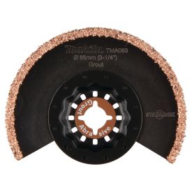 Must poolringikujuline saeketas, mille serv on kaetud vaskse abrasiivmaterjaliga, läbimõõduga 85 mm, keskosas mitme avaga kinnitusauk.