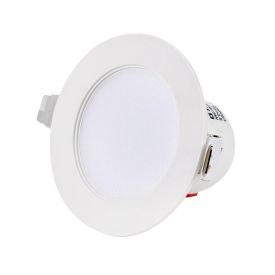 Valge, ümmargune LED laevalgusti, matt viimistlus, keskosas hajutiga, sile välisraam, tagaküljel elektriühendus, sobib süvistatud paigalduseks.