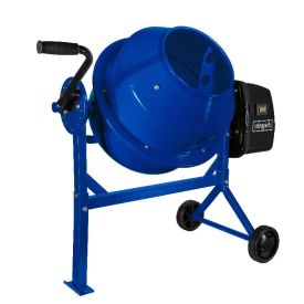 Sinine metallist segumasin kahe ratta, tünnikujulise trumli, käepideme ja mootoriga küljel. See sobib materjalide segamiseks ehitusel.