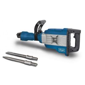 Sinine ja hõbedane piikvasar, millel on must käepide ja metallkorpus. Pildil on kaks vahetatavat terasvart tööriista kõrval.