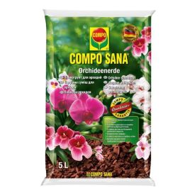 5-liitrine Compo Sana orhideemulla pakend on valge ja roheline ning esiküljel on lilled ja tekst.