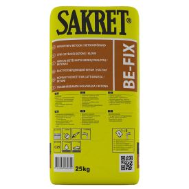 Kollane 25 kg Sakret BE-Fix kiirkivistuva kuivbetooni pakend, mis sisaldab kasutusjuhendit ja tehnilist teavet.