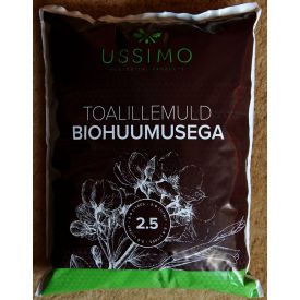 Tumepruun 2,5-liitrine toalillemuld biohuumusega, pakendatud kilekotti, millel on valge ja roheline logo, tekstiga 'USSIMO'.