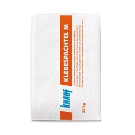 Valge paberkott, millel on oranžid ja sinised detailid ning tekst "Klebespachtel M Knauf 25 kg".