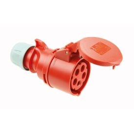 Punane, viie auguga, IP44 kaitseastmega, 32A, 400V jätkupesa, millel on hall otsik ja peal avatav kaitsekaas.