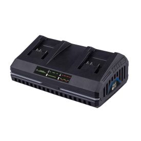 Must kahe pesaga kiirlaadija, millel on esi- ja küljeventilatsiooniavad ning juhtpaneel esitahvlil. Seade on kompaktse ristkülikukujulise disainiga ning sobib kahe aku samaaegseks laadimiseks.