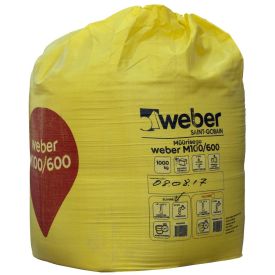 Suur kollane Weber M100/600 müürisegu kott, millel on Weberi logo ja toote spetsifikatsioon, kaaluga 1000 kg.