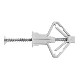 Valge nailonkipsitüübel koos metallkruviga, millel on laienevad tiivad ja ümar pea, sobib kipsplaadi paigaldamiseks.