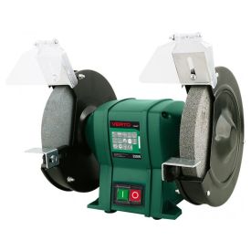 Roheline elektriline lauakäi kahe halli lihvkettaga, mille läbimõõt on 200 mm, keskel juhtpaneel, metallraam ja läbipaistvad kaitsekatted ketaste kohal.