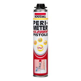 Soudal Perimeter Kleber püstolivaht, 750 ml aerosoolpudelis, millel on must plastikkork. See on silindriline ning ülal on must aplikaatoriava. Pudelit katab punase-valge etiketiga, millel on must, punane ja kollane kiri.