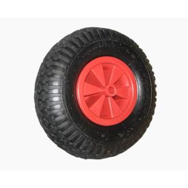 10x3.50-4 mõõdus aiakäru ratas, millel on punane plastikvelg ja must mustriline rehv.