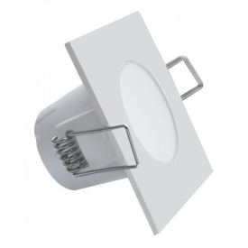 Valge ruudukujuline süvistatav valgusti, millel on ümara valgusavaga ja metallist kinnitused külgedel. Korpus on kompaktne ning esikülg on sile.