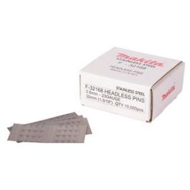 Valge papist karp Makita logoga, mille kõrval on mitu väikest metallist PIN-naela triibulisel ribal mõõtmetega 0,6x30mm.