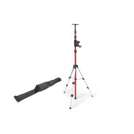 Punane ja hõbedane teleskoopstatiiv, millel on mustad lukustuskraanid ja tugi, kõrvalt on must kandekott. Statiiv on reguleeritava kõrgusega, sobides tööriistade kinnitamiseks.