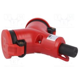 Pildil on punasest plastist kahte väljundit omav jätkupesa, mille korpus on kolmnurkne ja millel on mustad jaoturid ja kinnitused, märkega IP44 tolmu- ja pritsmekaitse.