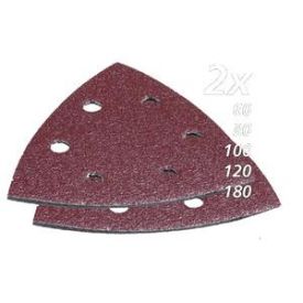 Kaks kolmnurkset punast liivapaberit avadega, mõeldud Makita Delta tüüpi tööriistale.