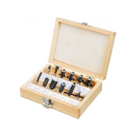 Puidust karp, mille sees on 12 metallist ülafreesi mustade ja hõbedaste detailidega; igal freesil on oma pesa. Kaas on avatud asendis.