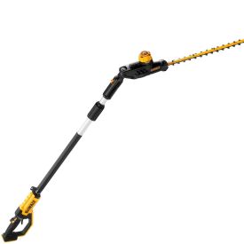 Kollase ja musta värviga Dewalt harjavaba mootoriga hekilõikur, millel on pikk reguleeritav vars ja käepide hõlpsaks pügamiseks.